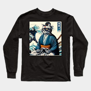 Vaporwave Samurai Cat Great Wave Off Kanagawa Long Sleeve T-Shirt